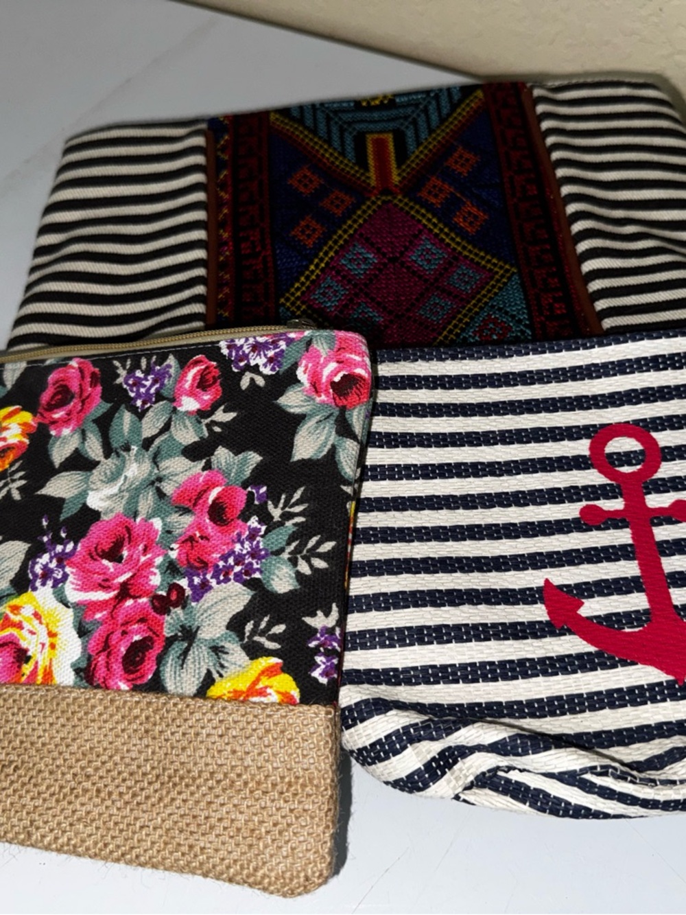 Floral & Striped Canvas Pouch Set with Anchor Accent